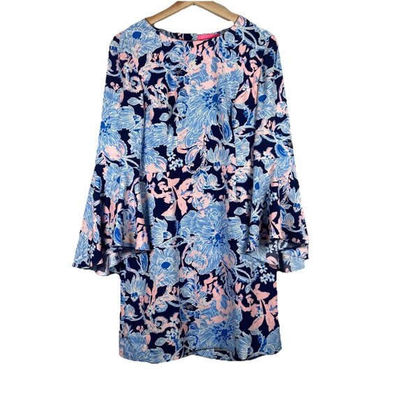 Lilly Pulitzer Kayla Dress Size 4 Pink Navy Amoure Bell Sleeve Preppy Resort - Picture 1 of 11